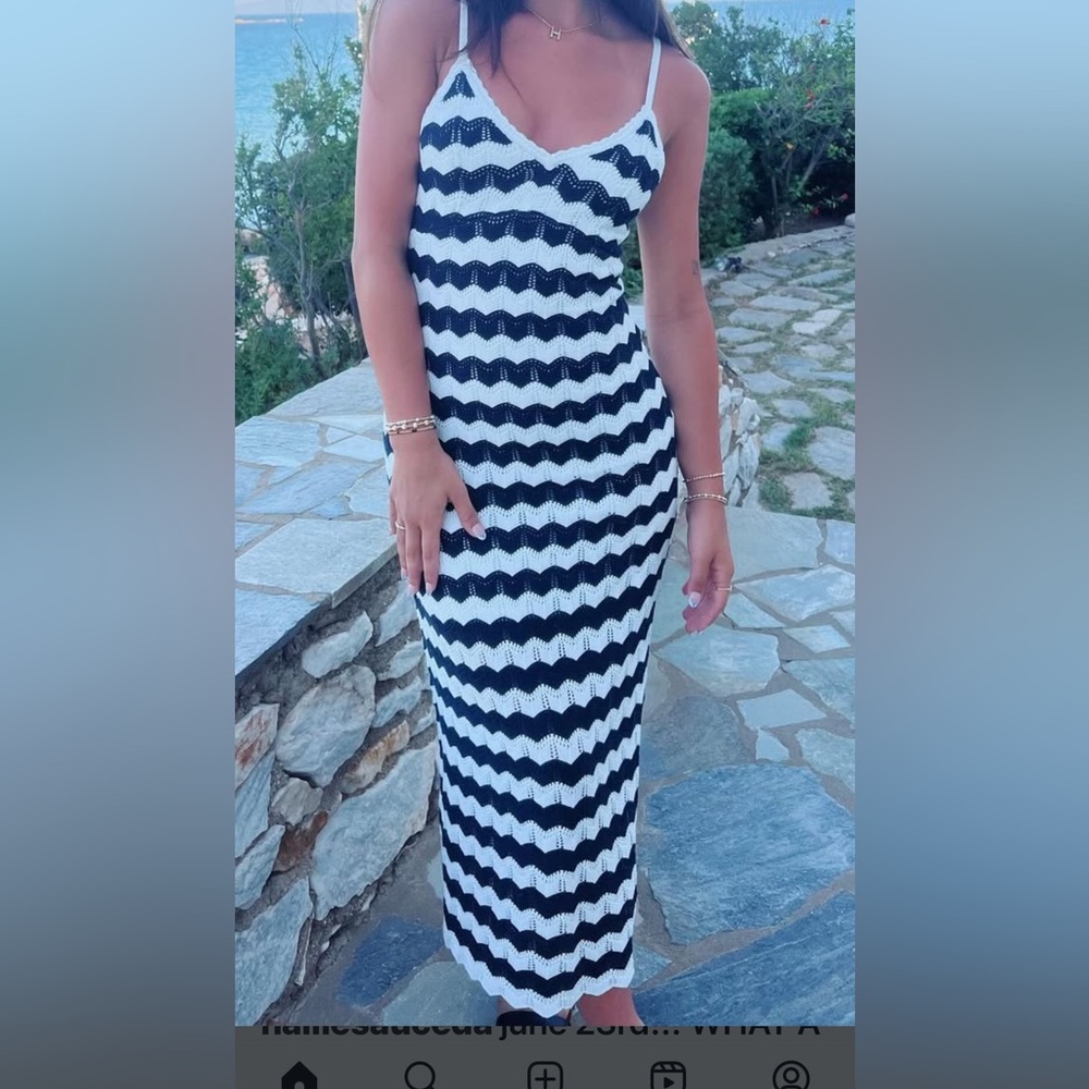 Navy and white striped crochet midi dress size small nautical knit